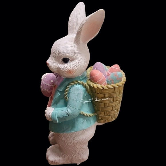 14" Easter Bunny Rabbit w/ Basket of Eggs Pink Pastel Sparkly Spring Decor NEW - Picture 6 of 14